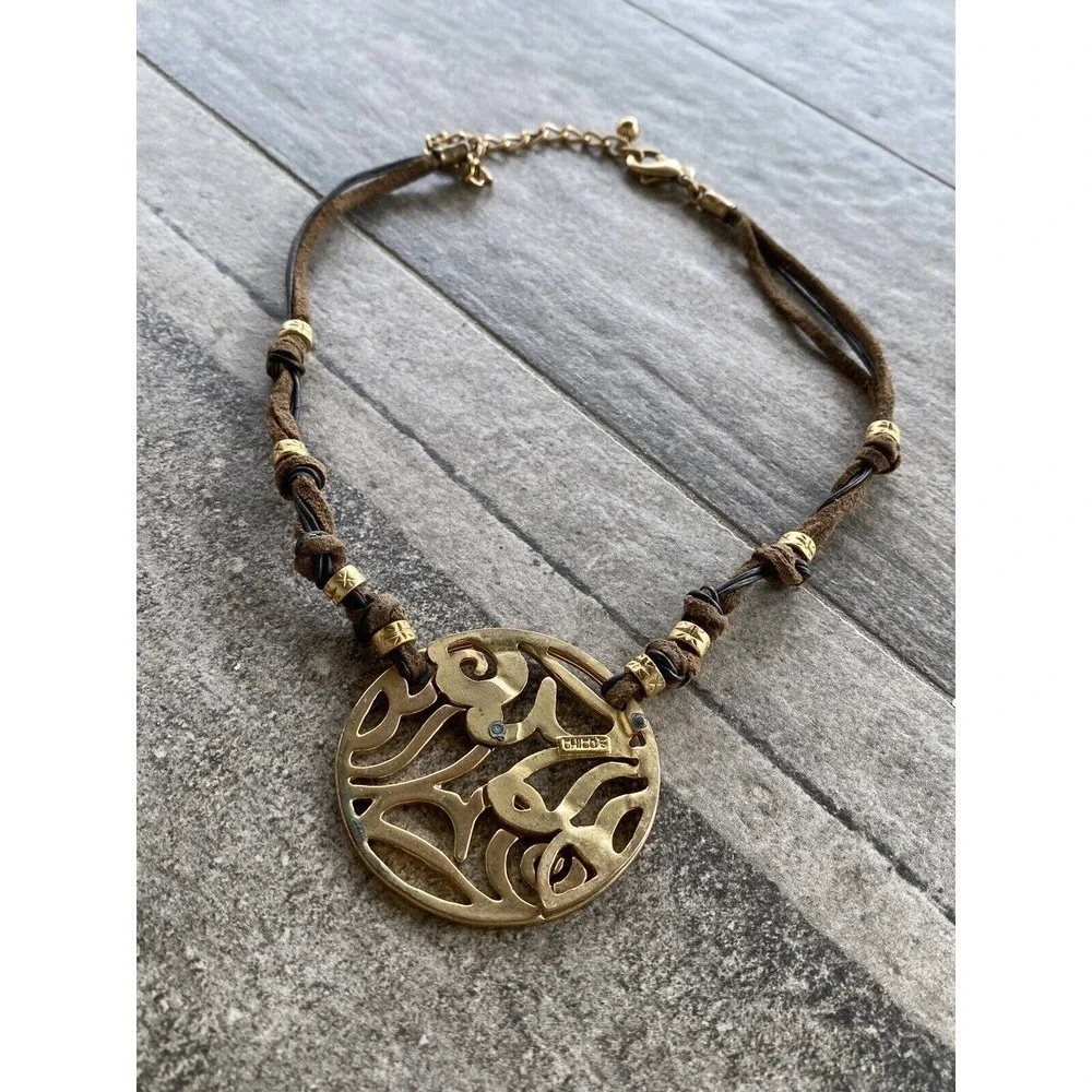 Chico’s Necklace Faux Leather Cord Gold Tone Pendant 18”